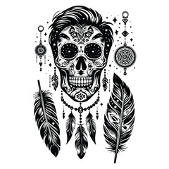 Fototapeta premium sugarskull male with bohemian decoration in black and white illustrations, cutout graphic