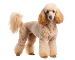 Cute poodle standing and looking at camera, isolated on white background