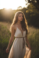 Bohemian style, woman in flowing maxi dress with earthy tones, outdoor nature setting, golden hour glow.