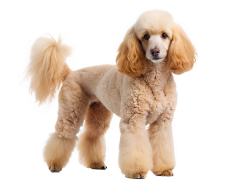 Cute poodle standing and looking at camera, isolated on white background
