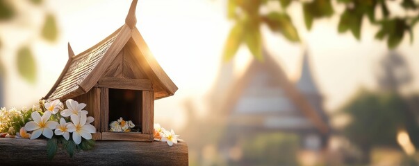 A traditional Thai spirit house surrounded by fresh flowers and offerings, glowing softly in the early morning light