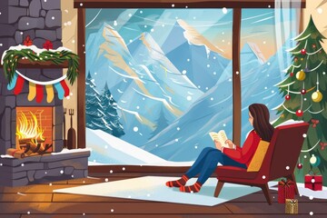 A woman sits in a chair in front of a cozy fireplace, perfect for a warm and inviting scene