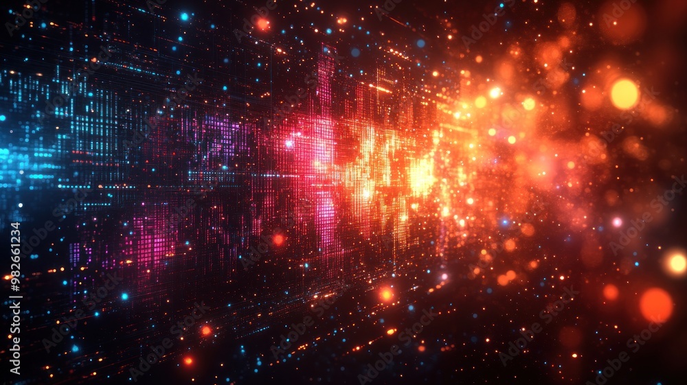 Poster Abstract visualization of digital data and vibrant light patterns.