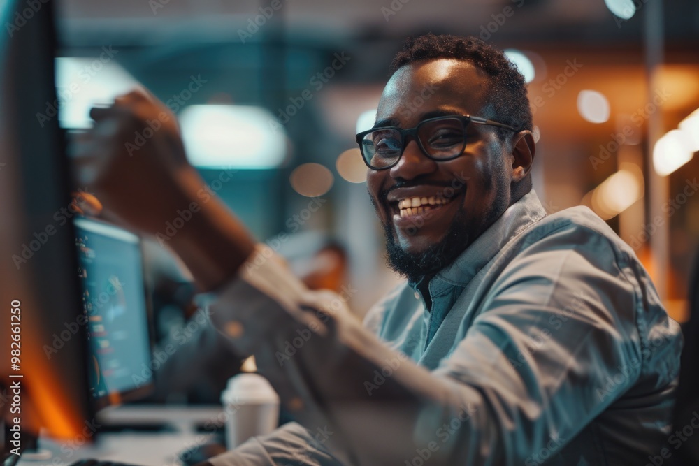 Poster a person wearing glasses sits at a desk working on a computer