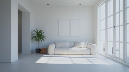Fototapeta premium Minimalist living room with white sofa and large windows