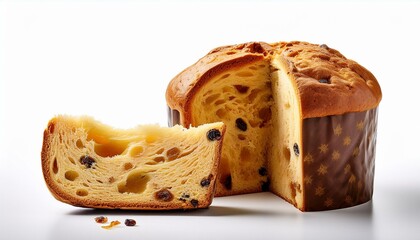 A detached slice of a panettone isolated on white background. Closeup image.
