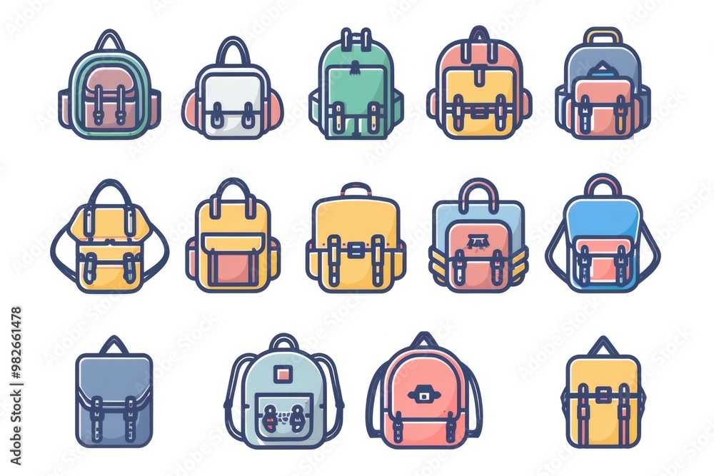 Poster a collection of colorful backpacks arranged on a white background, perfect for use in travel, advent