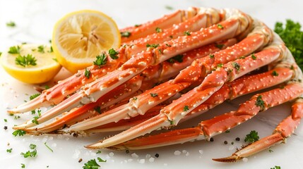 Crab legs with lemon and parsley isolated on white 