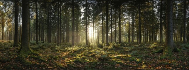 Sunlight Through Trees in a Lush Autumn Forest