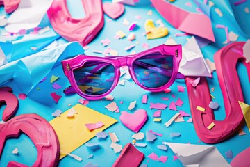 Obraz premium A pair of pink sunglasses resting on a blue table, perfect for adding a touch of color to your photo or design