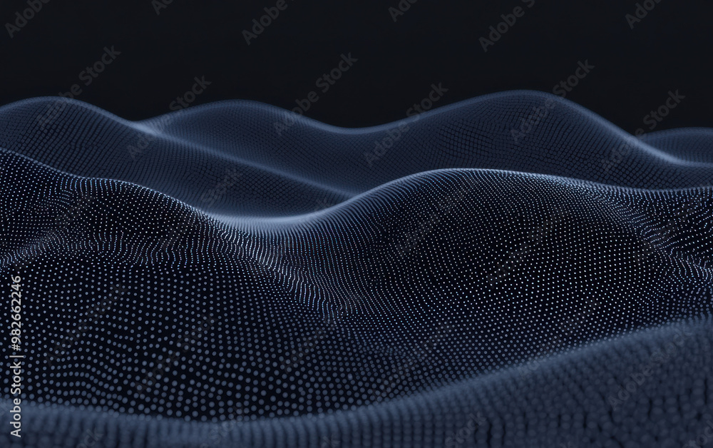 Poster abstract digital landscape with flowing waves of glowing dots on a dark background, creating a futur