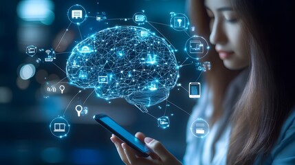 Woman Using Smartphone with Holographic Brain and Networked Icons