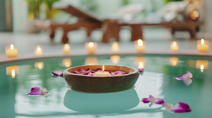 Serene spa setting with floating candles and petals in water, creating a relaxing and tranquil atmosphere, ideal for wellness themes.