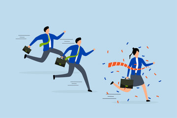 Woman success story, Female businesswoman surpasses male colleagues to emerge victorious in a competition, reaching the finish line first.