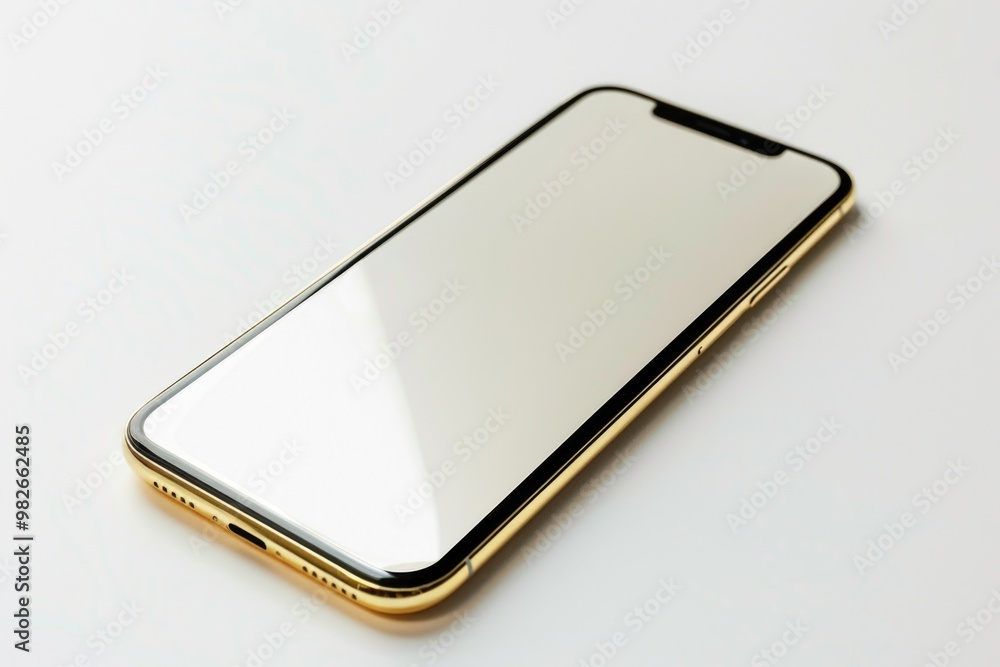 Poster close-up view of a cell phone lying on a table, ready for use or charging