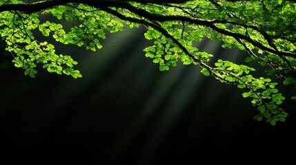 Fototapeta premium Sunlight filters through lush green leaves, creating a serene and peaceful atmosphere in this natural setting.