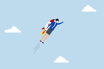Success booster, Female entrepreneur riding a rocket booster or jetpack engine.
