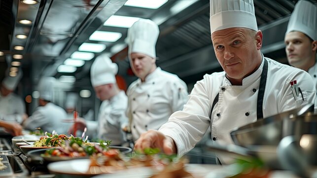 A team of chefs in a test kitchen, developing new recipes. Their combined creativity and collaboration are essential in culinary innovation.