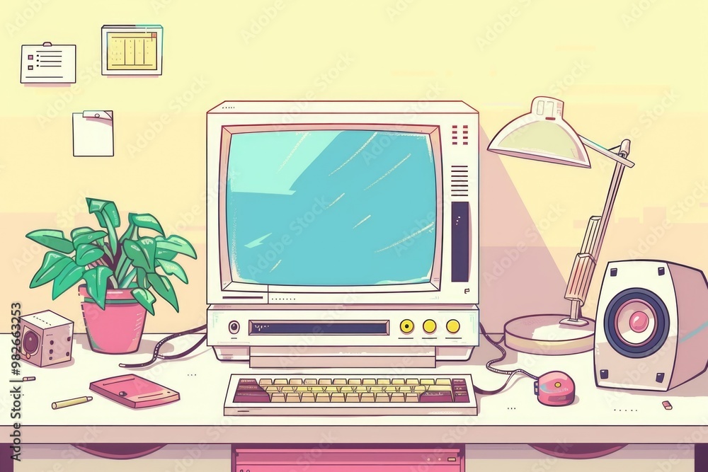Poster a computer sits on a desk next to a potted plant, ready for use