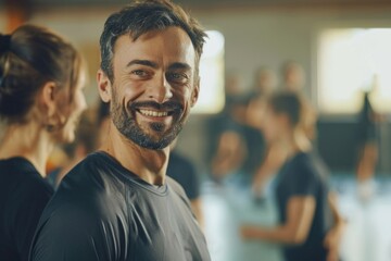 Obraz premium A man stands among a group of people, smiling