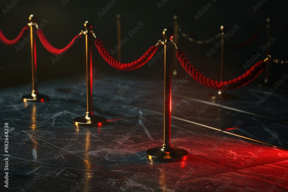 Poster A row of red rope barriers with a red light indicating caution or warning