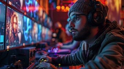 A team of filmmakers in a post-production studio, editing and finalizing a movie. Their collaborative effort is key to producing a high-quality film.