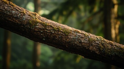 Fototapeta premium A weathered, textured tree branch extending into the frame, with layers of bark, moss, and lichen blending into a soft, earthy forest floor.