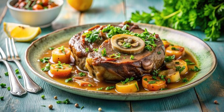 Delicious osso buco with gremolata on pastel background in clear light, osso buco, gremolata, Italian cuisine