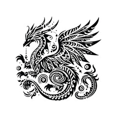 Fototapeta premium wyvern dragon with bohemian decoration decoration in black and white illustrations, cutout graphic
