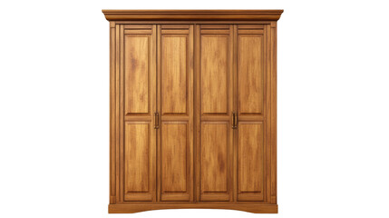 A wooden cabinet with closed doors, designed for home interiors, featuring an antique style and a brown finish, isolated on a white background