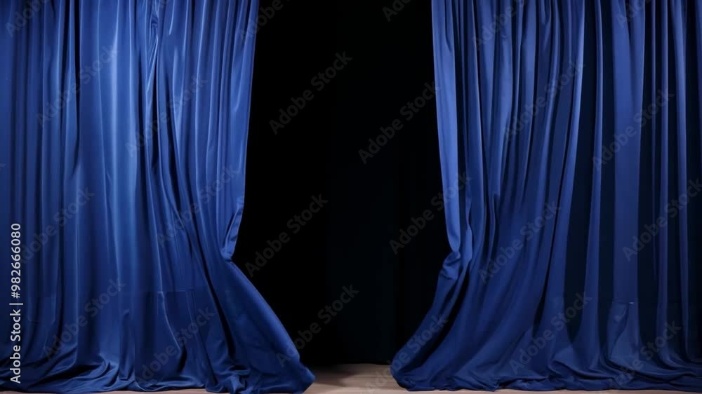 Poster a pair of elegant blue curtains hangs luxuriously, framing the stage, while soft lights create an in