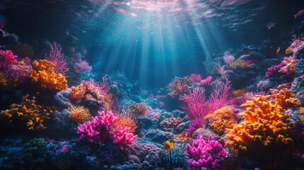 Illuminated Underwater Paradise: Vibrant Coral Reef in Glowing Marine Glowtime.