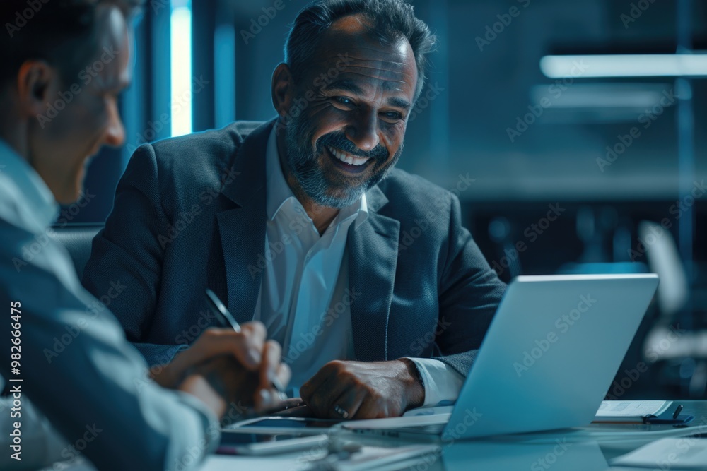 Poster Two individuals collaborating on a computer project, likely in an office setting