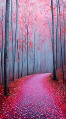 An autumn forest filled with vibrant hues of red and orange, with leaves scattered across the ground, creating a glowing tapestry of colors along a quiet forest trail.
