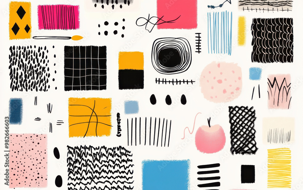 Poster colorful abstract geometric shapes and lines on a white background. modern art design with a playful