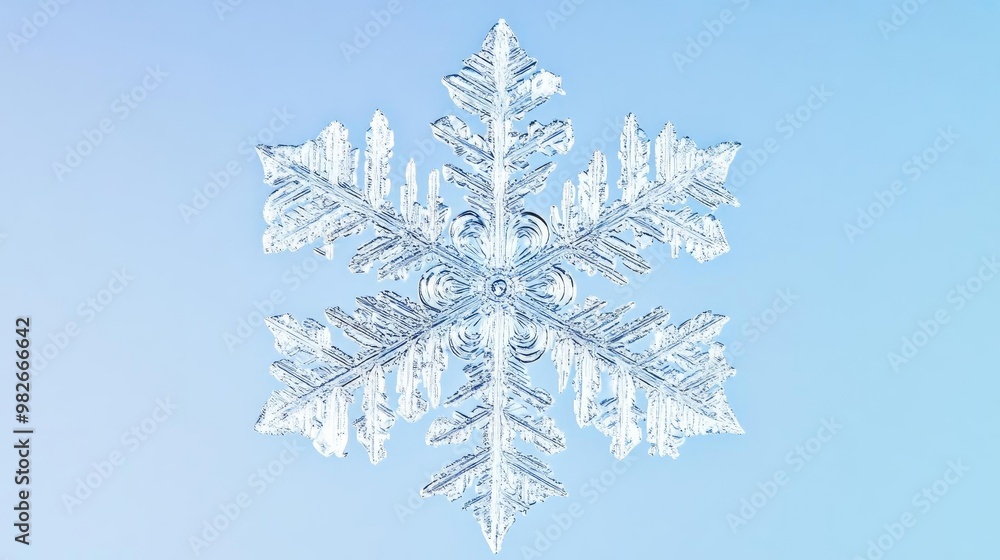 Poster a detailed snowflake resting against a serene blue background, showcasing intricate patterns and cry