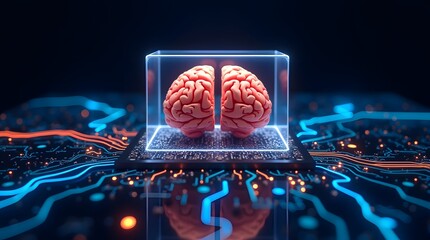 Artificial Intelligence Brain in a Glass Cube on a Circuit Board