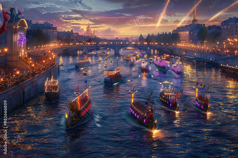 Poster a group of boats floating on the surface of a calm river