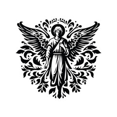 Fototapeta premium angel male with folk art decoration in black and white illustrations, cutout graphic