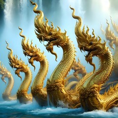 Golden Naga was playing in the water with other Nagas.