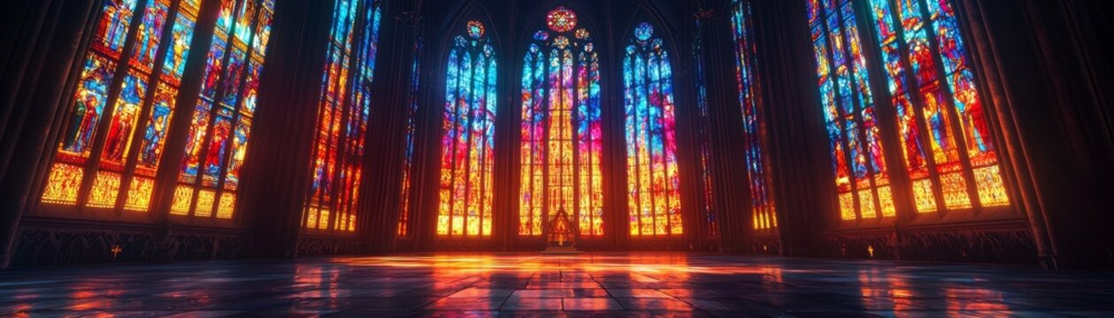 Illuminated Majesty: Glowing Stained Glass Windows in Dark Cathedral - Sacred Glowtime of Vibrant Colors.