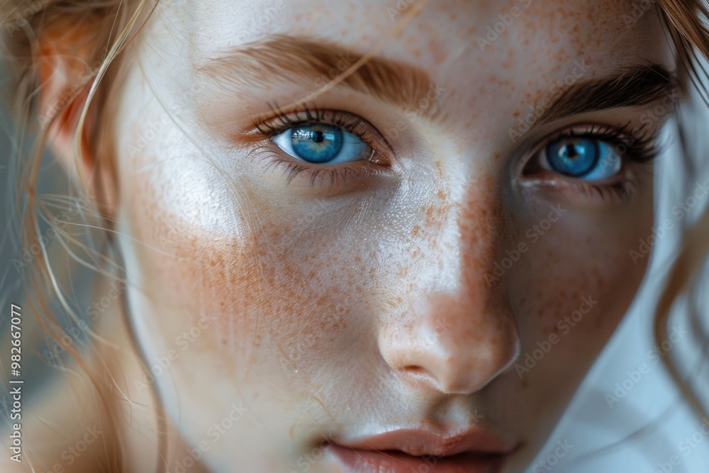 Sticker A close-up photo of a woman's face showing off her freckles, great for beauty or lifestyle usage