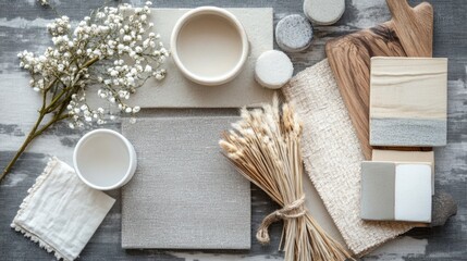 Flat lay composition in rustic farmhouse color palette with textile and paint samples, lamella panels and tiles. Architect and interior designer moodboard. Top view. Copy space. Template