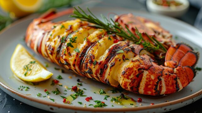 Elegant Gourmet Grilled Lobster Dish with Lemon and Sauces - Fine Dining Seafood Plate for Restaurant Menu 