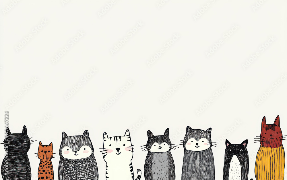 Poster charming illustration of various cats, each with unique colors and patterns, standing in a row again