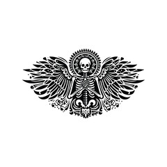 Fototapeta premium angel skeleton with folk art decoration in black and white illustrations, cutout graphic