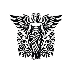 Obraz premium angel male with folk art decoration in black and white illustrations, cutout graphic