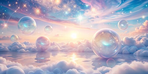 Develop a stunning 3D graphic representation of a serene and idyllic sky with a delicate pastel color palette, boasting a high-shine marble-like finish that raises the visual appeal