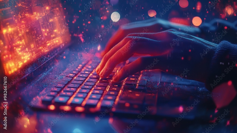 Canvas Prints Typing on Laptop with Colorful Lights