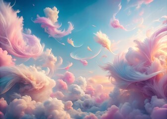 Fototapeta premium Ethereal, 3D pastel pink clouds with delicate, swirling tendrils and wispy, feathery textures, suspended in a bright, airy space, evoking a sense of freedom and joy, with vibrant colors